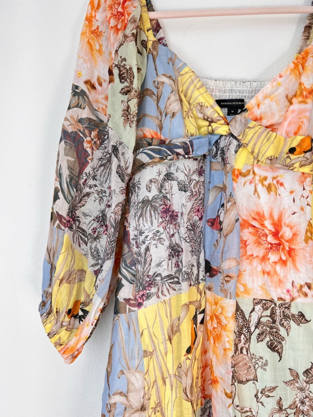 Banana Republic Floral Ramie Twist Front Mini Dress Medium Puff Sleeve Romantic - Picture 5 of 9